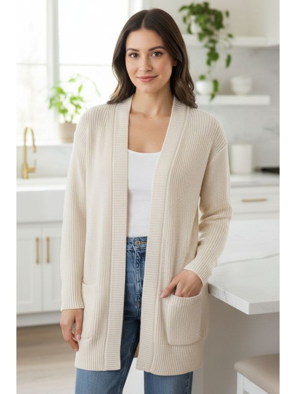 Max & Mia L Cotton Open-Front Knit Longline Cardigan Sweater Pocket Knitwear